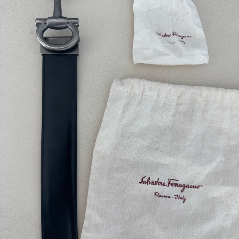 Salvatore Ferragamo Black and Tan Reversible Leather Belt with Silver Buckle